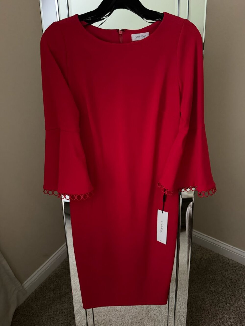 NEW Calvin Klein Red Cocktail Dress Bell 3/4 Sleeve wedding formal career size 4